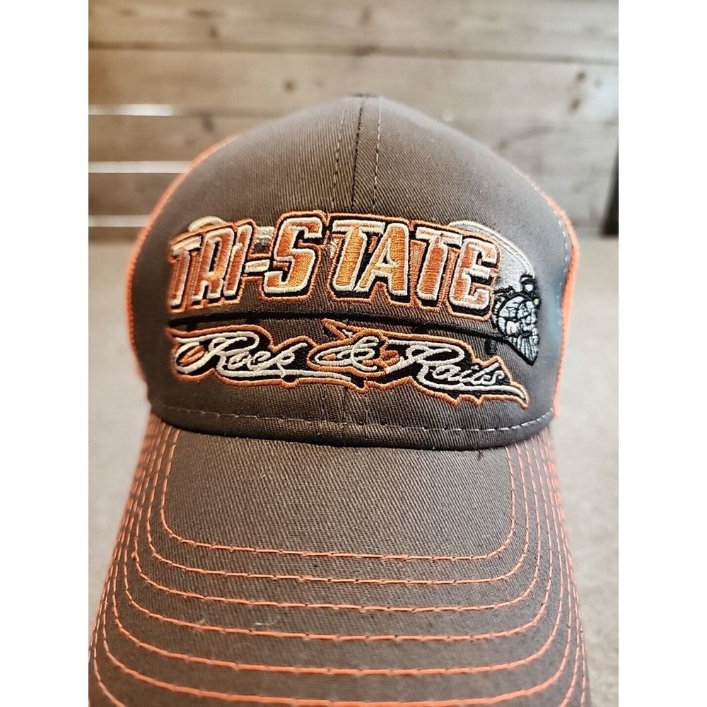 Tri-State Rock and Rails Trucker Hat Orange Brown Mesh Back Snapback Cap